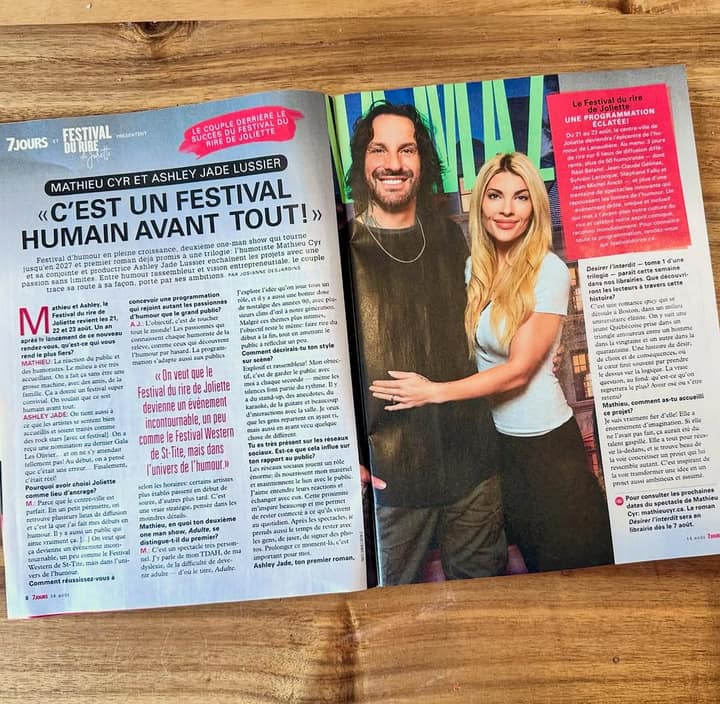 Mathieu Cyr étale deux pages de mag entre le Festival du rire et le roman spicy de sa blonde